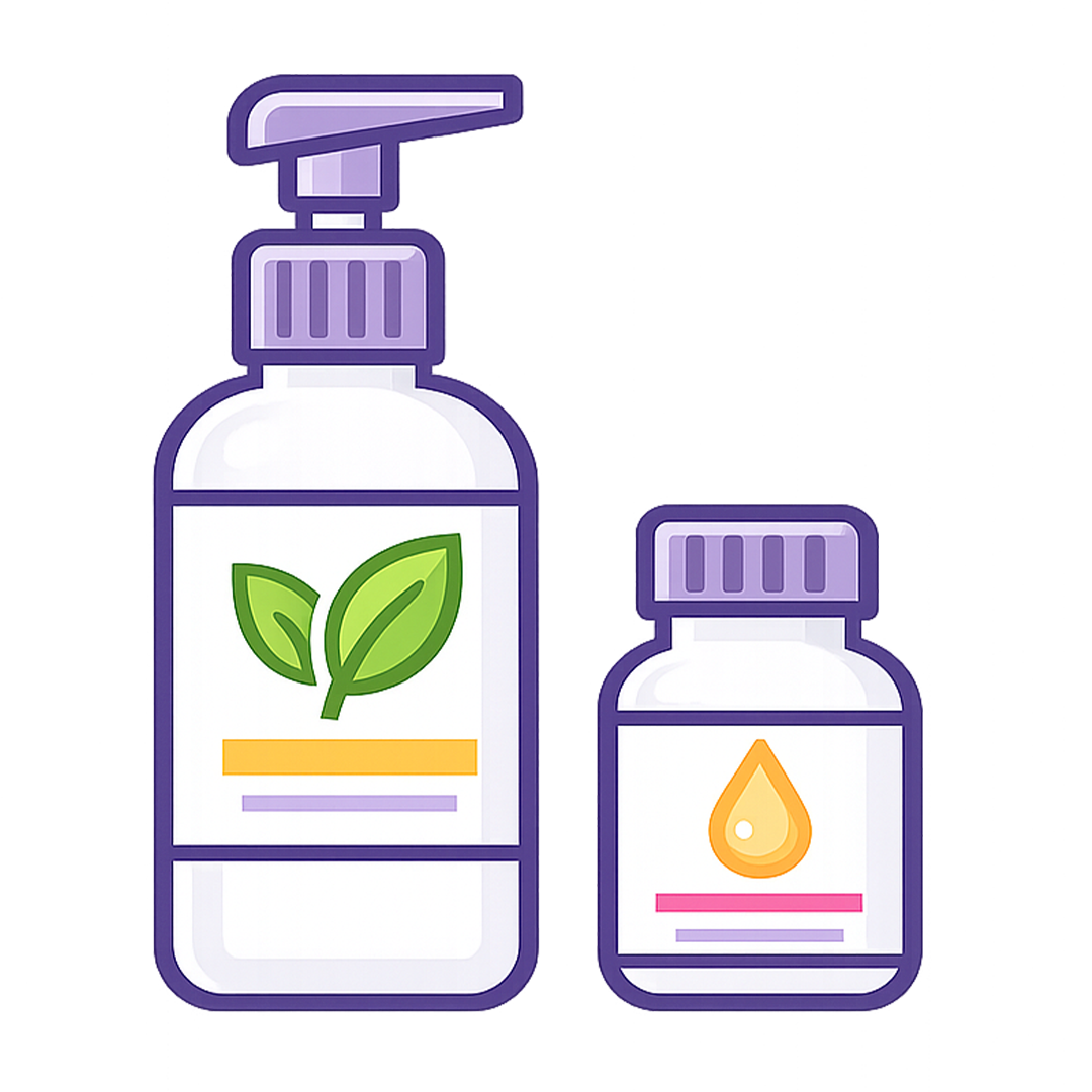 Two labeled product containers, including a pump bottle with a green leaf symbol and a smaller bottle with an orange droplet symbol.