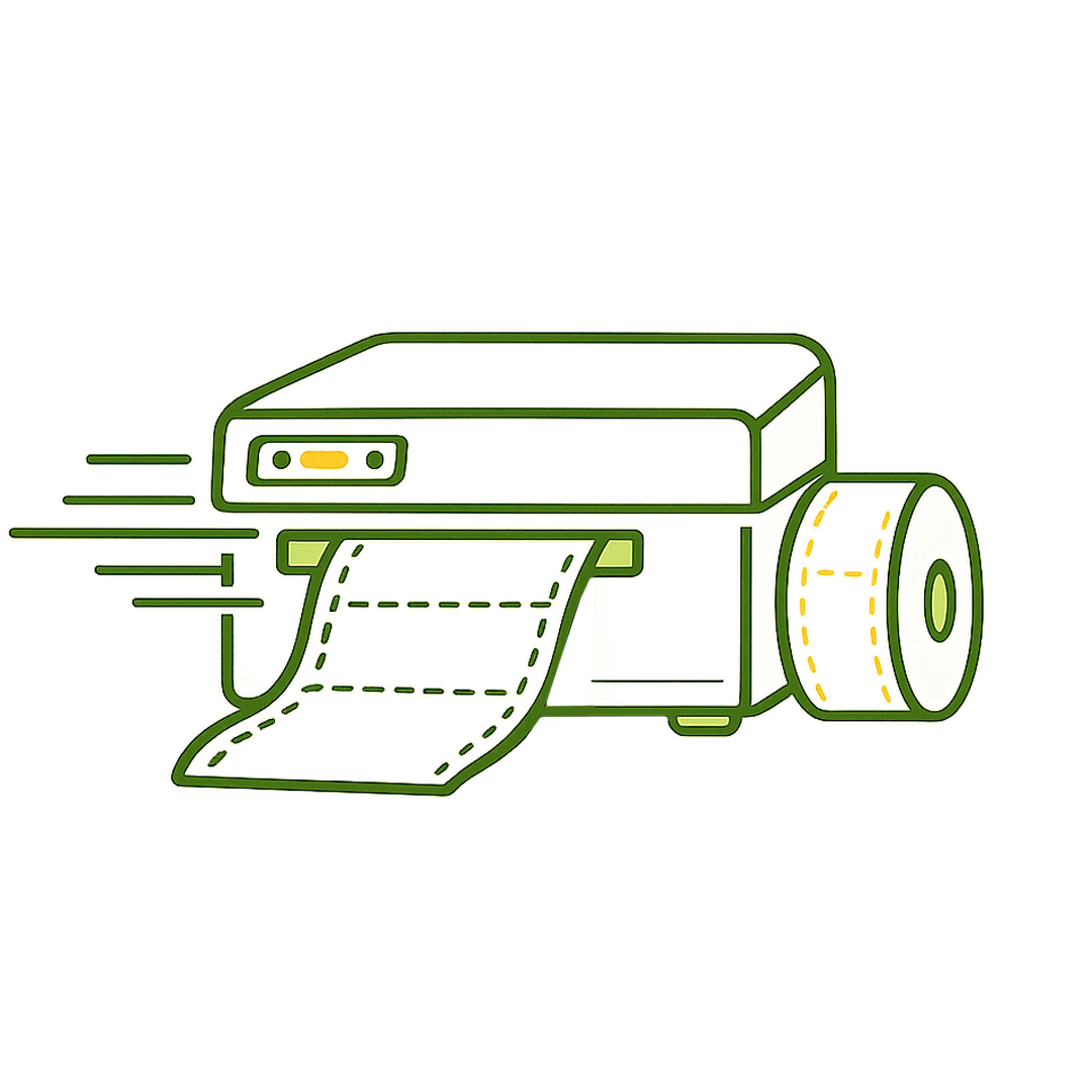 Illustration of a desktop label printer feeding a blank label sheet, with a roll of label material mounted on the side.
