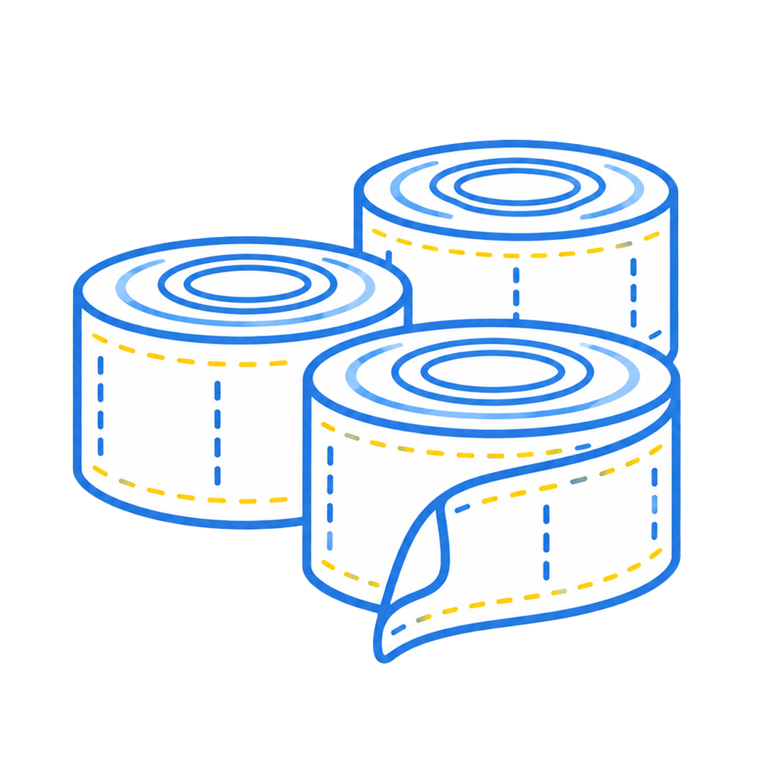 Three rolls of blank labels with blue outlines and yellow dashed borders, including one partially unrolled strip.