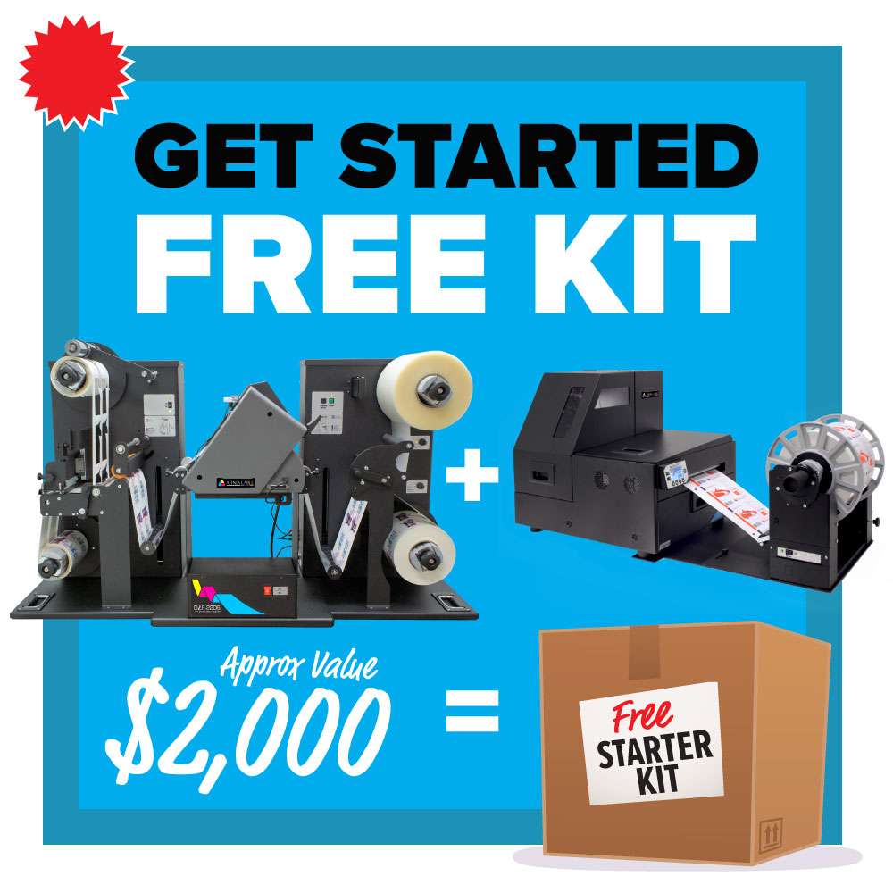 Free get started kit with purchase of L801 color label printer and DLF tabletop label finisher